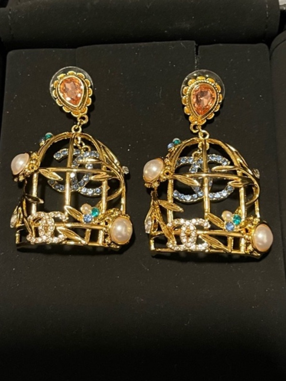 🕊️ChaneI Limited Edition Birdcage Blue Rhinestone Logo Gold Tone Earrings